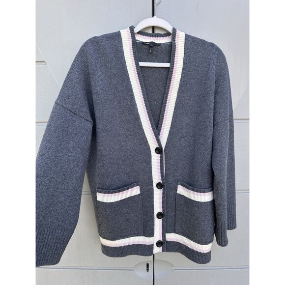 Maje Wool Varsity Cardigan Button Up Collegiate |Sz 1 US Small Grey Pink Preppy - Picture 3 of 15